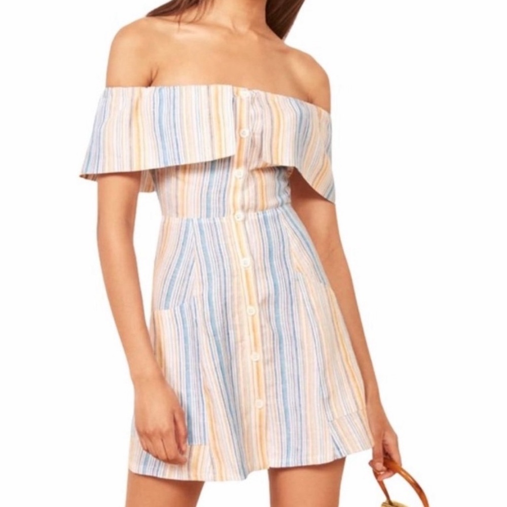 Reformation Landy Linen Marbella Striped Off Shoulder Mini Dress 12 New